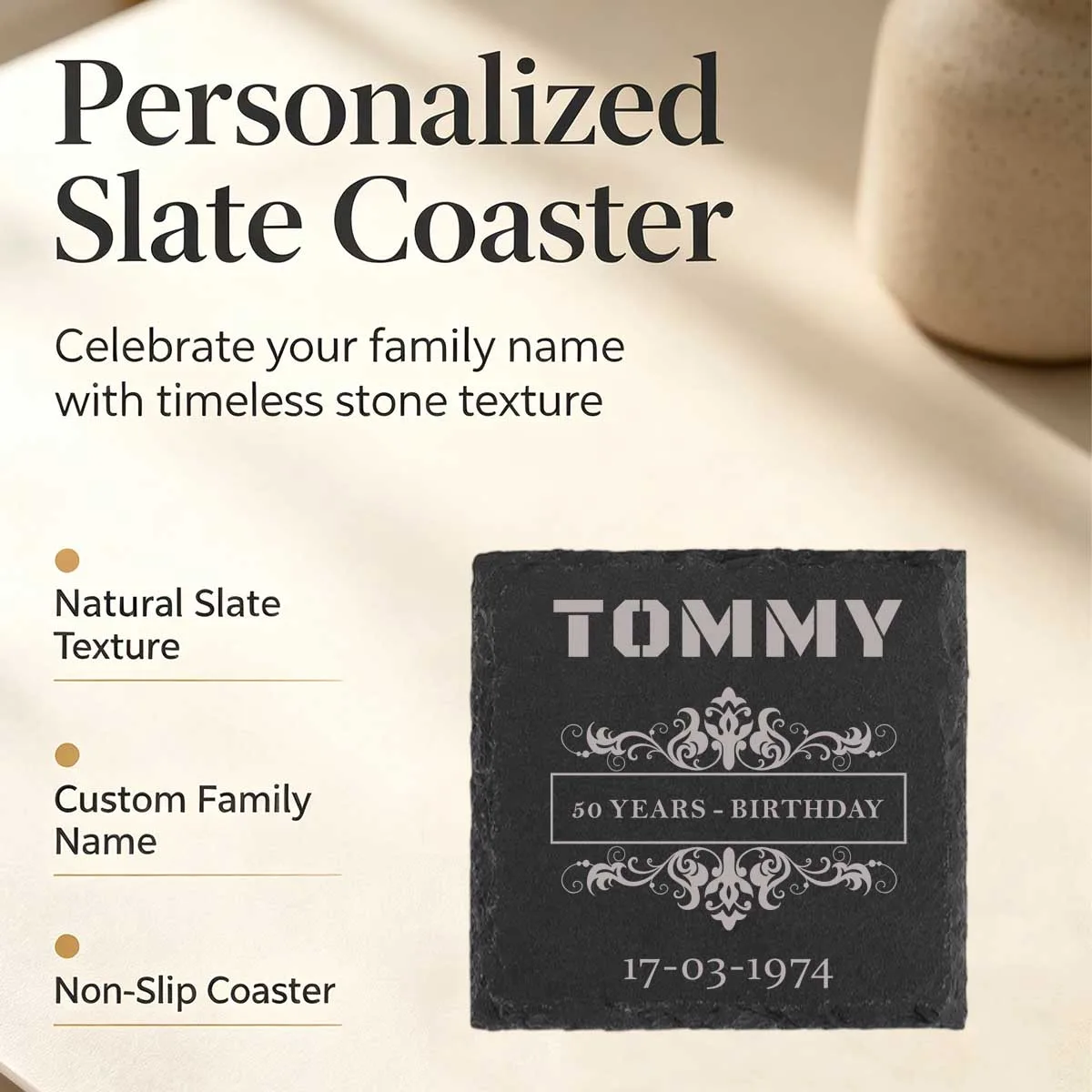 6 Pack Square Slate Drink Coasters,4 Inch Black Slate Stone Coasters Cup Coaster Laser Engraving Blanks with Anti-Scratch Bottom