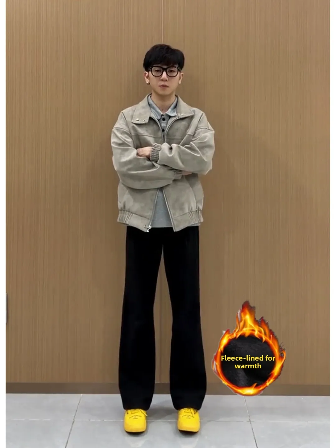 

Bla Fce Lined Flared Straight Leg Thi Winter Pants for Men Youth Casual Slimming Leg Lengthening Cleanfit Trousers