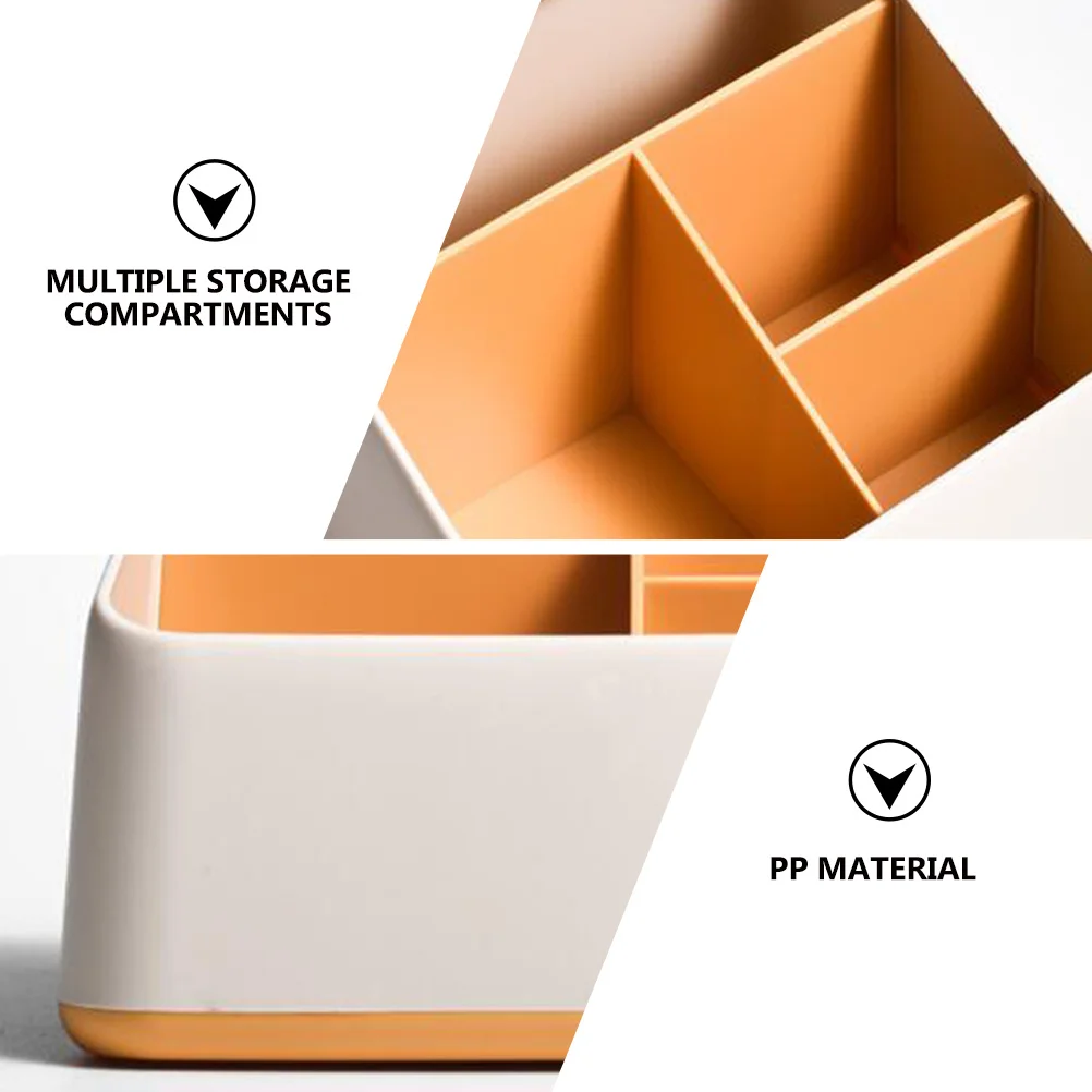 Żółty organizer na biurko, wielofunkcyjny pojemnik na artykuły piśmiennicze, porządkujący środowisko domowe, mały, elegancki design.