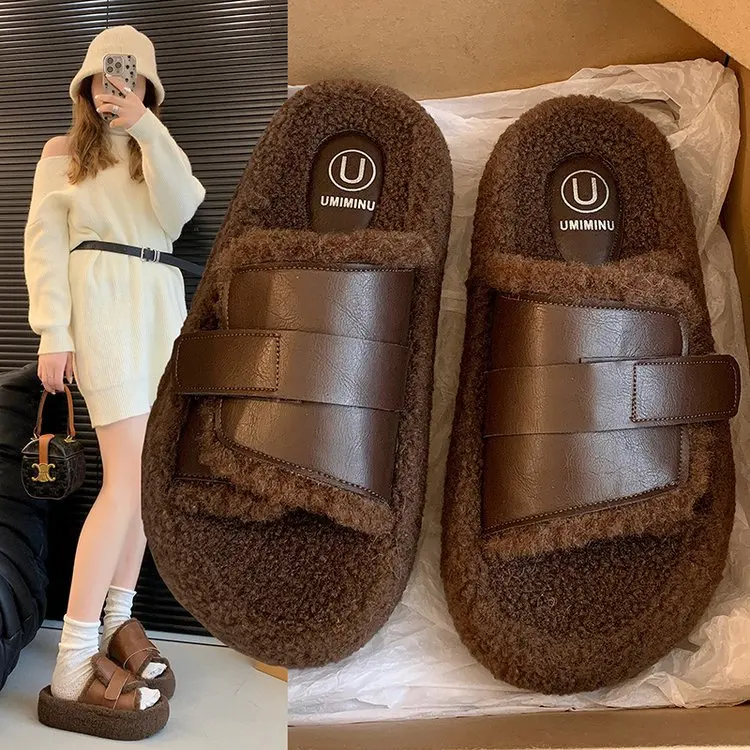 

2024 Autumn and Winter New Retro All-matching Korean Version of Woolly Slippers Women Wear Soft Woolly Non-slip Cotton Drag