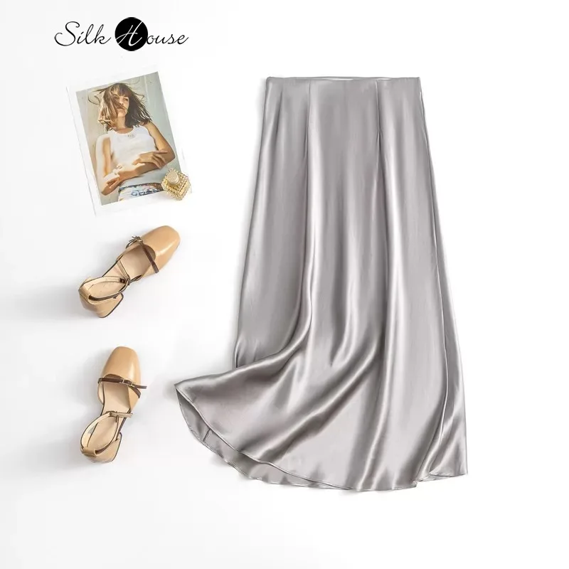 

Women's Casual Early Autumn Temperament 100% Natural Mulberry Silk Plain Satin Elastic Waist Oblique Cut Hip Hugging Skirt