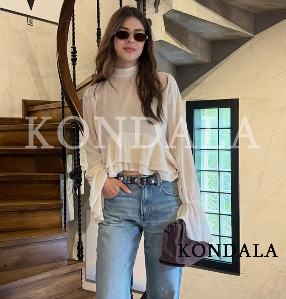 

Women Chic Leisure Translucent Shirts KONDALA 2026 Summer Trendy Ruffled Shirts Female Holiday Elegant Casual Long Sleeve Shirts