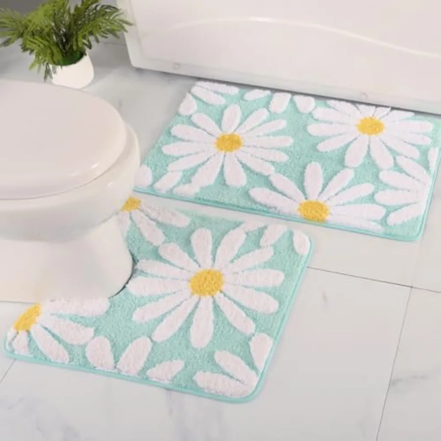 

Набор ковриков для ванной из 2 предметов: милый коврик с ромашками, U-образный коврик для туалета, декоративный цветочный набор для ванной, нескользящий контурный коврик, супервпитывающий.