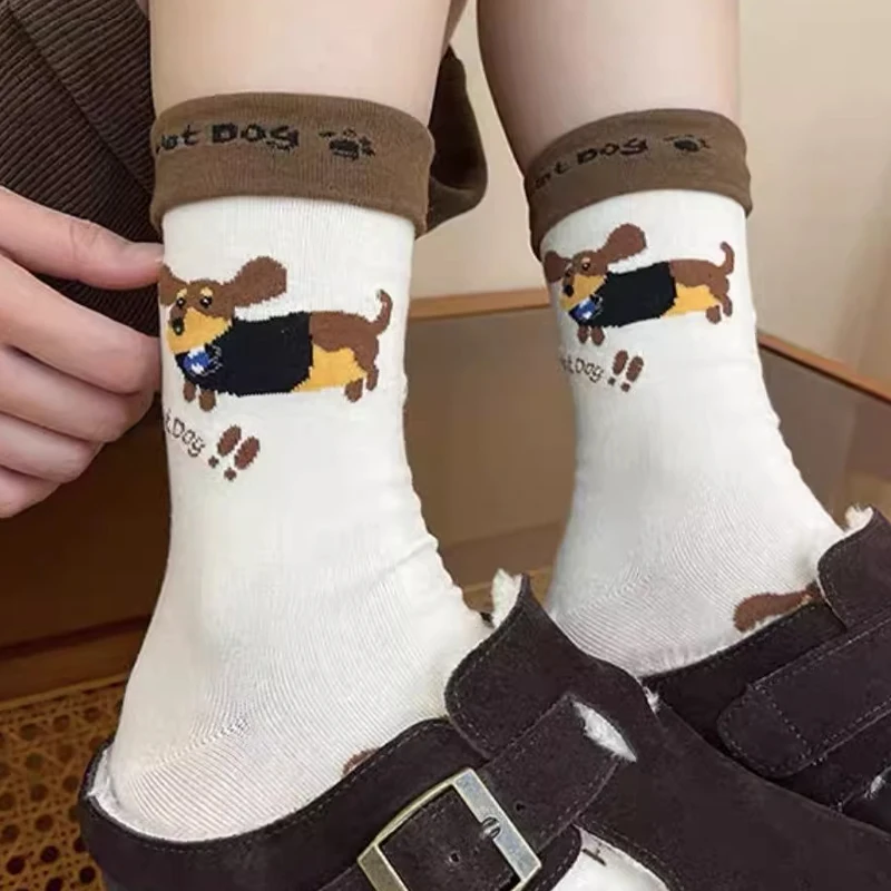 

Coffee Colored Cartoon Puppy Mid Tube Socks for Women 2026 New Item Versatile Japanese Cartoon Sausage Dog Pile Long Socks