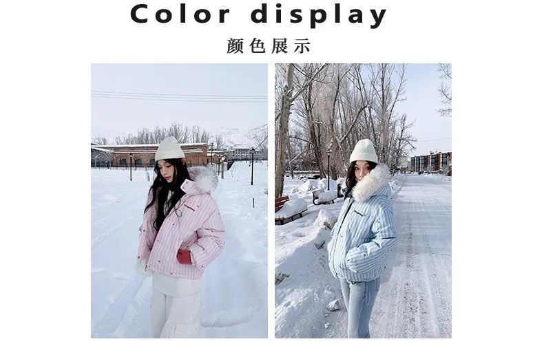 Korean Striped Bow Pattern Cropped Padded Jacket for Women Winter Hooded Coat with Faux Fur Collar Woman Sweet Thick Warm Parkas