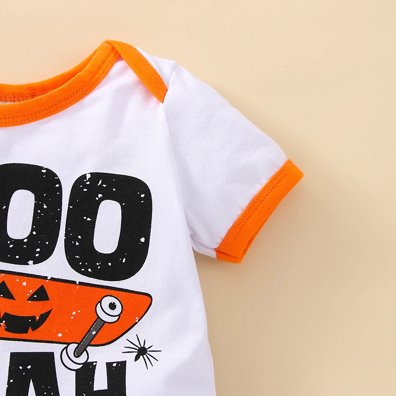 Setelan pakaian bayi dan celana, Set baju monyet lengan panjang bergambar labu Halloween dan celana panjang