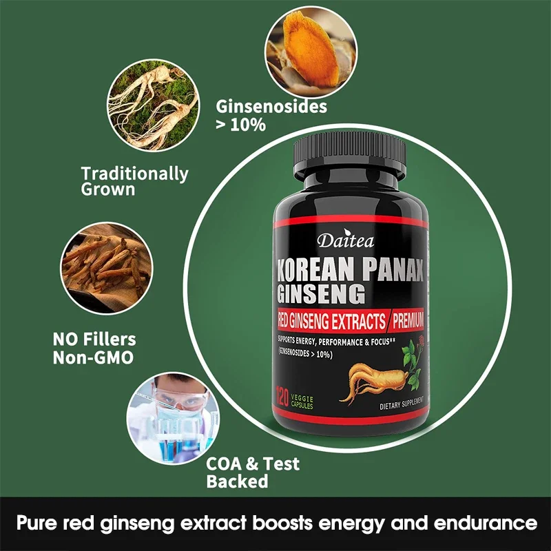 Korean Red Ginseng Vegetarian Capsules - Supports Increased Energy, Mood, Stamina & Performance, Ginseng Gel