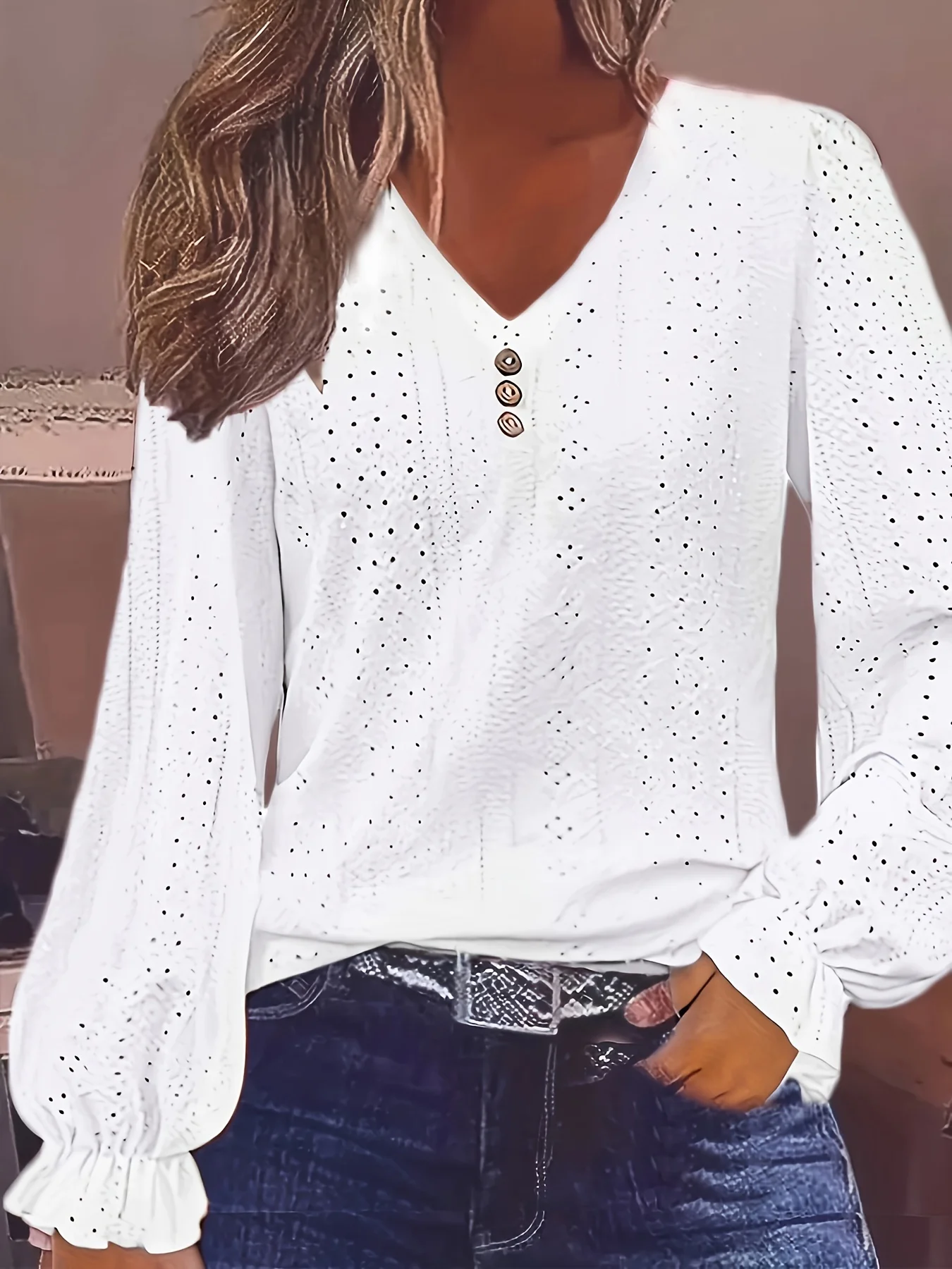 Women Plus Size Solid Hollow Out Blouse V Neck Long Ruffle Sleeve Button Decor Casual Loose Tshirt Ladies Daily Tops