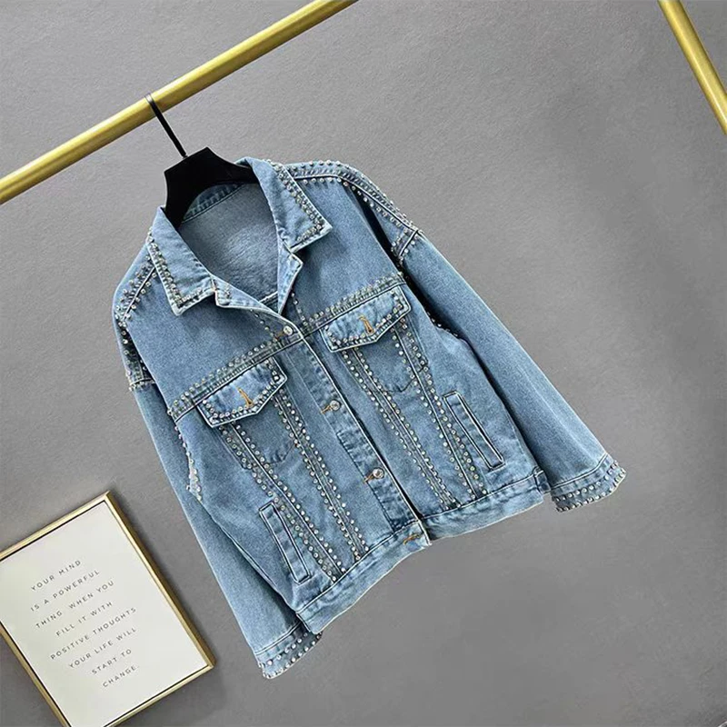 Giacca di jeans con perline con strass per donna Giacche autunnali alla moda High Street Cappotto lucido femminile con risvolto allentato americano