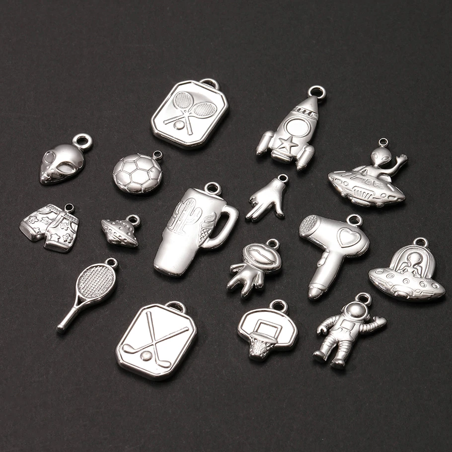 10pcs 304 Stainless Steel Spacecraft Aliens Astronaut Originality Charms Teapot Short Pants Soccer Daily Pendants DIY Jewelry