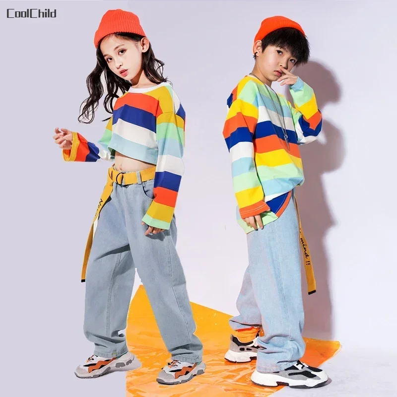 Girls Striped Crop Top Denim Pants Boys Hip Hop Rainbow Sweatshirt Street Dance Jeans Children Streetwear Kids Jazz Costumes