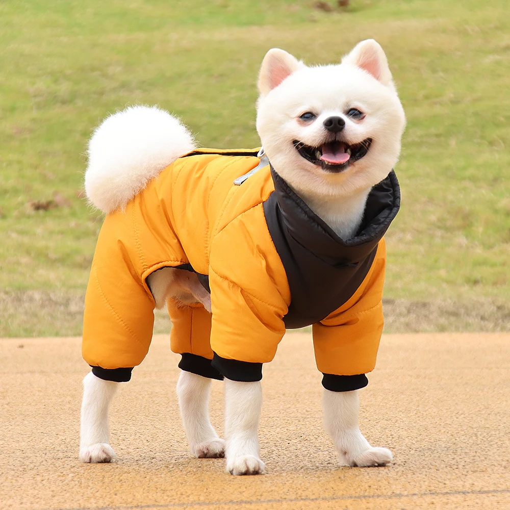 Winter Warm Dog Jacket Reflective Four Legged Clothes Outdoor Waterproof and Windproof Traction Harness Jumpsuit Chihuahua Coat