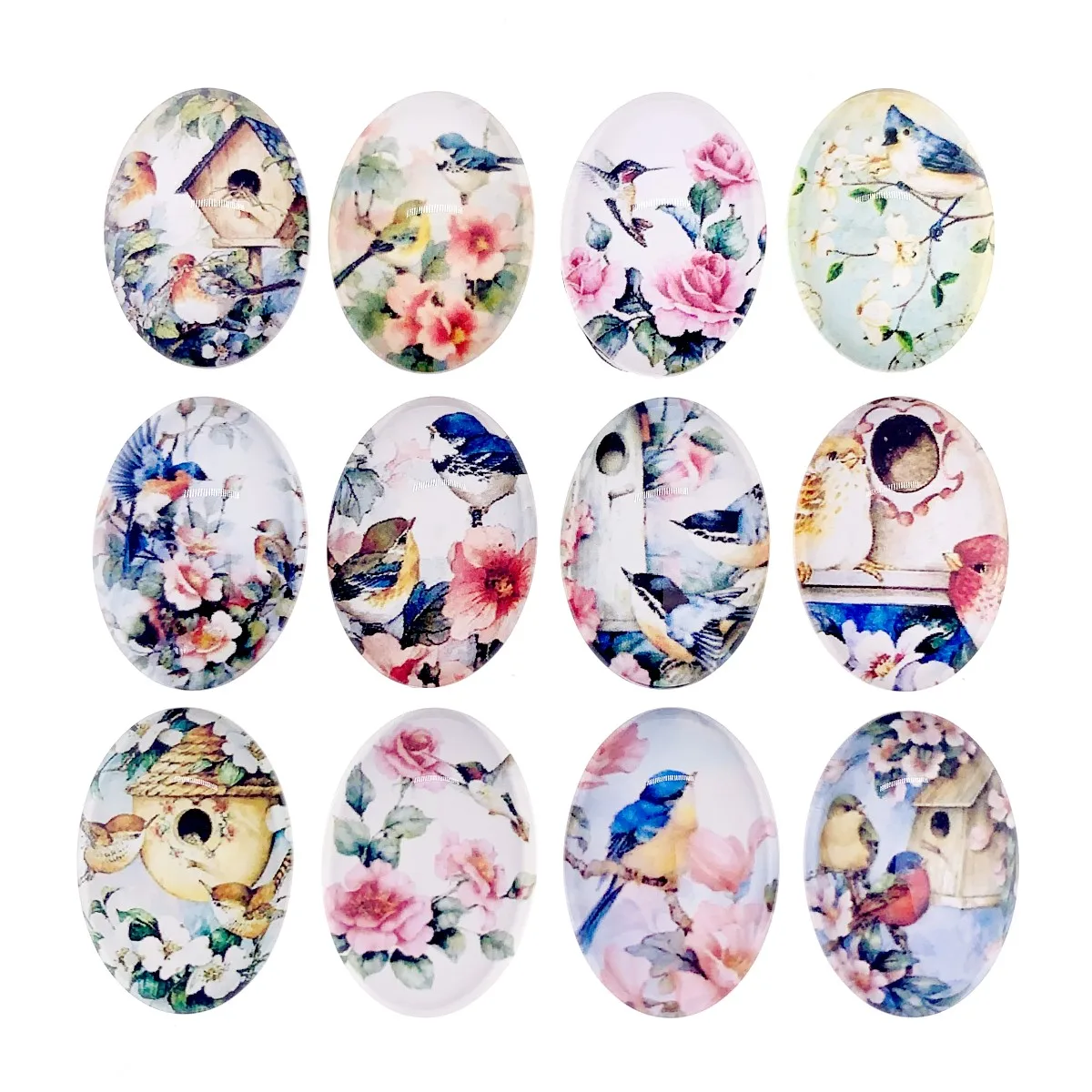 Onebeading 18x25mm Random Mixed Flower Bird Oval Glass Cabochons With Flatback Photo Dome Jewelry Pendant base 20pcs K05397
