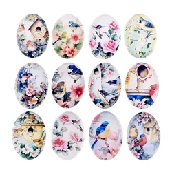 Onebeading 18x25mm Random Mixed Flower Bird Oval Glass Cabochons With Flatback Photo Dome Jewelry Pendant base 20pcs K05397