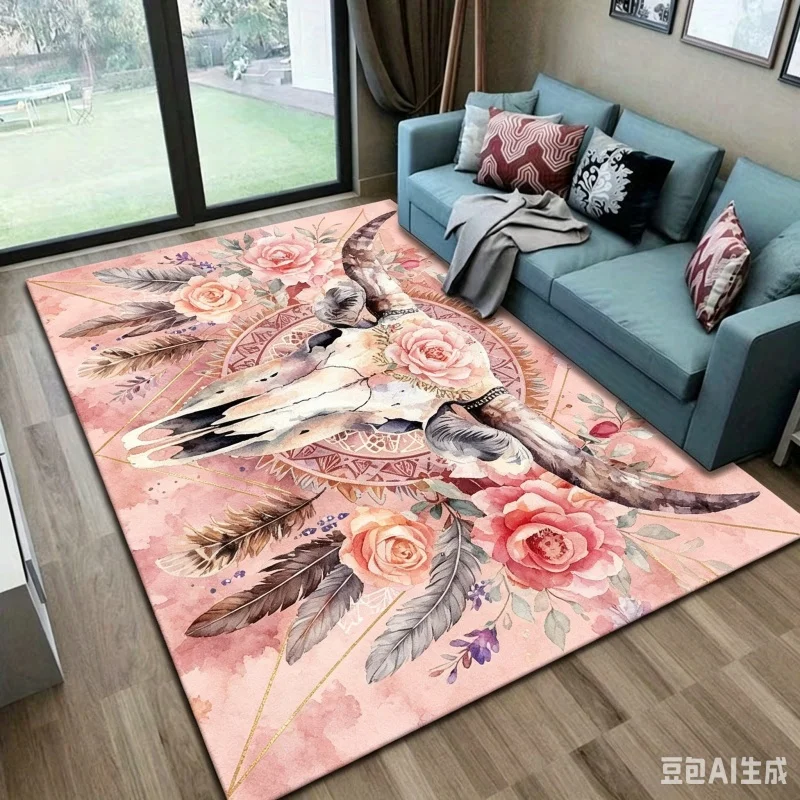 Newest Cow Skull Rose Feather Bohemian Large Area Rug Non Slip Western Living Room Carpet