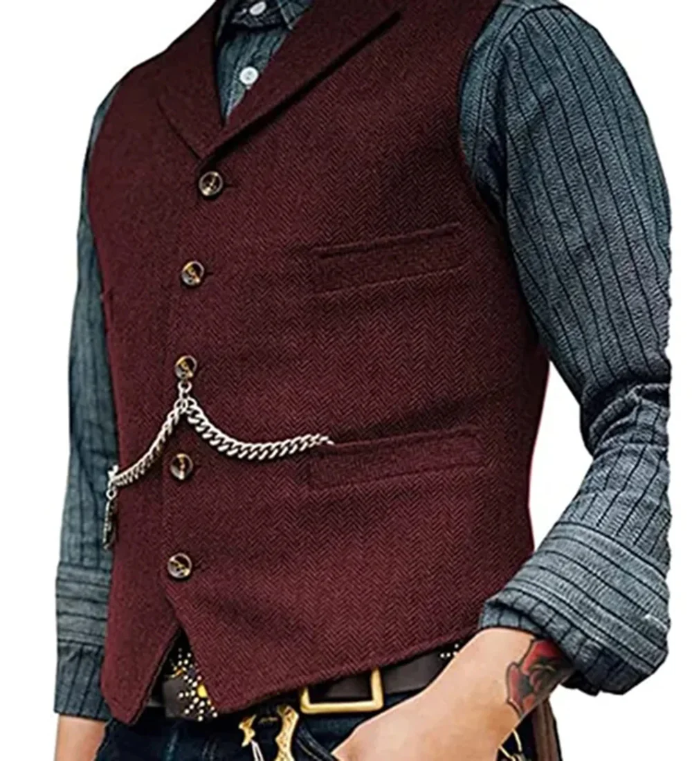 Men\'s Suit Vest Brown Wedding Wool Tweed Business Waistcoat Jacket Casual Slim Fit Gilet Homme Vests For Groosmen Man Wedding