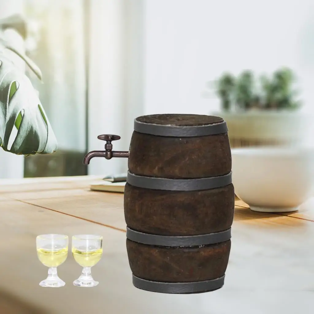 บาร์เรลไวน์จิ๋วสำหรับบ้านตุ๊กตา ถังเบียร์ไม้จิ๋ว เฟอร์นิเจอร์บาร์ครัวบ้านตุ๊กตา อุปกรณ์ตกแต่งสำหรับสเกล 1:12