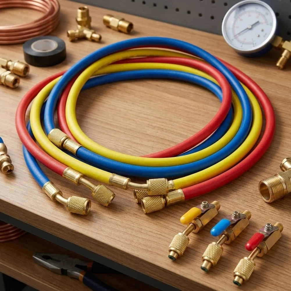 14 Compliant Coolant Charging Hose Assembly with Ball Valve and Valve Core Depressor for R134A R22 R401 Systems
