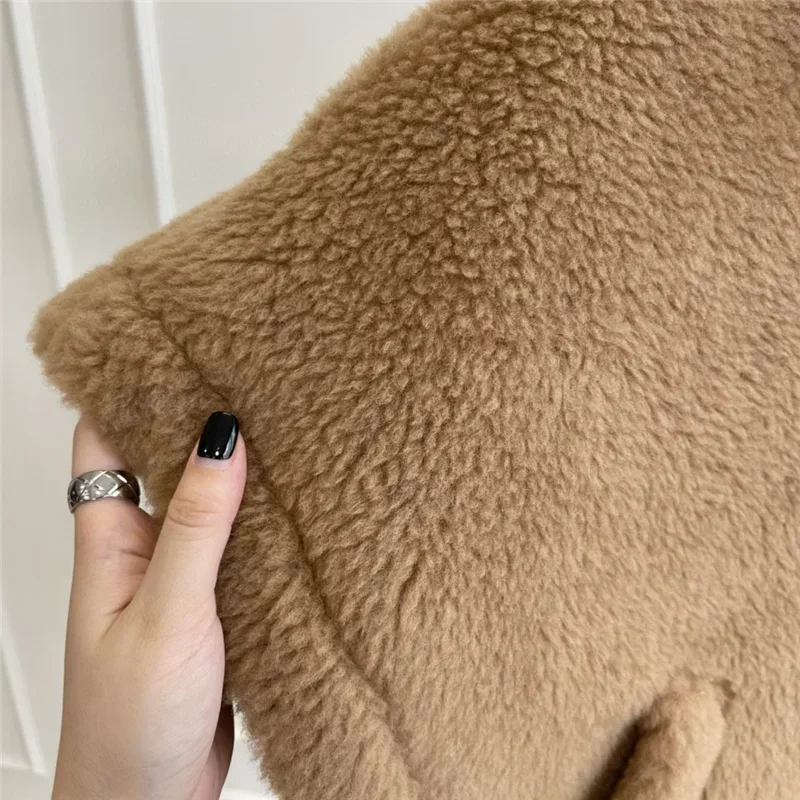 Teddy Bear Shawl Female Autumn Winter Camel Jacket Gray Sheep Wool Coat Lapel Short Alpaca Silk High-end Fashion Jacket