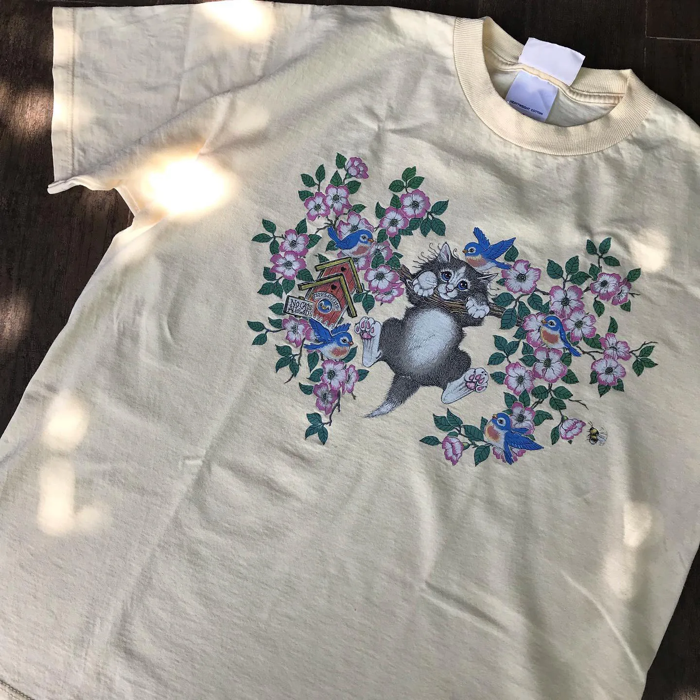 Sweet Healing  And Flowers Bird Retro Childhood Interest Loose Summer School Cotton Short Sleeve T-Shirt Unisex round Neck