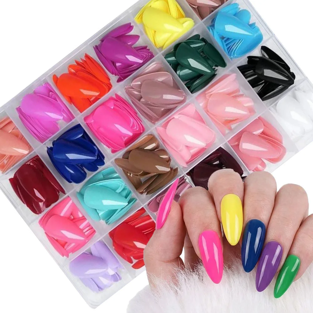 576Pcs 24Colors Medium Almond Press On Nails Glossy Solid Colorful Soft Gel Fake Nail Tips Wearable Full Cover False Fingernails view 2