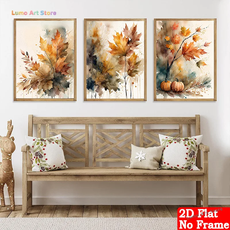 2D Flat 3pcs Unframed Fall Thanksgiving Canvas Wall Art, Watercolor Maple Leaves Pumpkin Prints, Gentle Autumn Wall Decor for