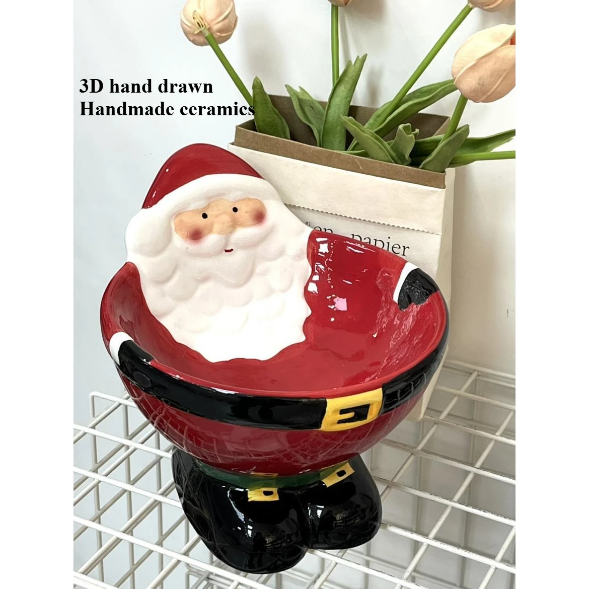 Santa Claus ceramic high footed bowl, pet bowl, rice bowl, foyer storage, Christmas ornaments, desktop storage supplies