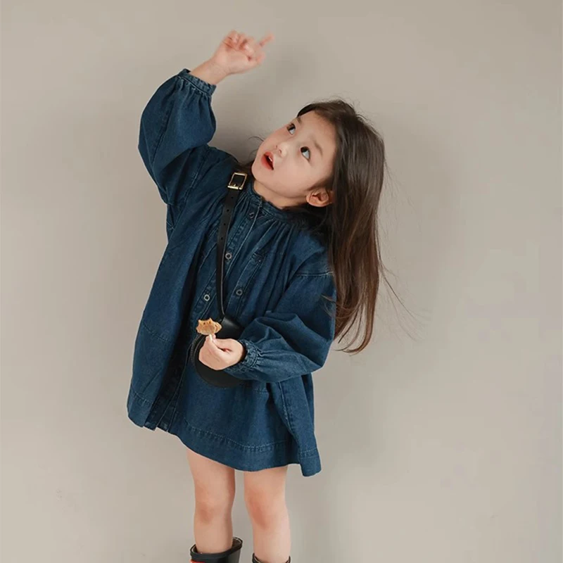 Vestido de mezclilla lavado para niñas, camisa de cuello alto, única botonadura, traje de moda para niños, vestidos para bebés, primavera, otoño,