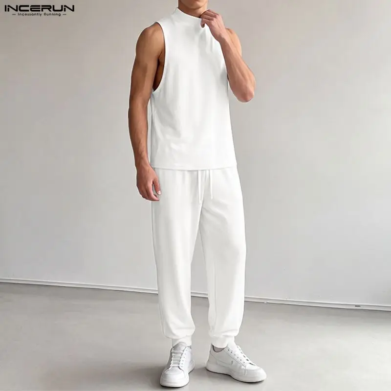 INCERUN Men Sets Solid Color Turtleneck Sleeveless Tank Tops Pants Two Piece Sets Streetwear Casual Men Matching Sets Tracksuits view 4