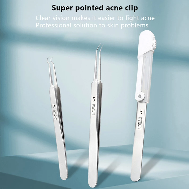 1PC Led Acne Needle Tweezers Blackhead Blemish Pimples Removal Pointed Bend Gib Head Face Care Tools Comedone Acne Extractor