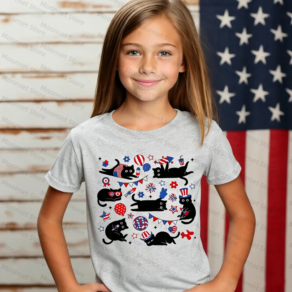 Kids 4th of July T-Shirt Cute Black Cat Patriotic American Flag Short Sleeve Tee for Girls Independence DayAdult  Casual Tops