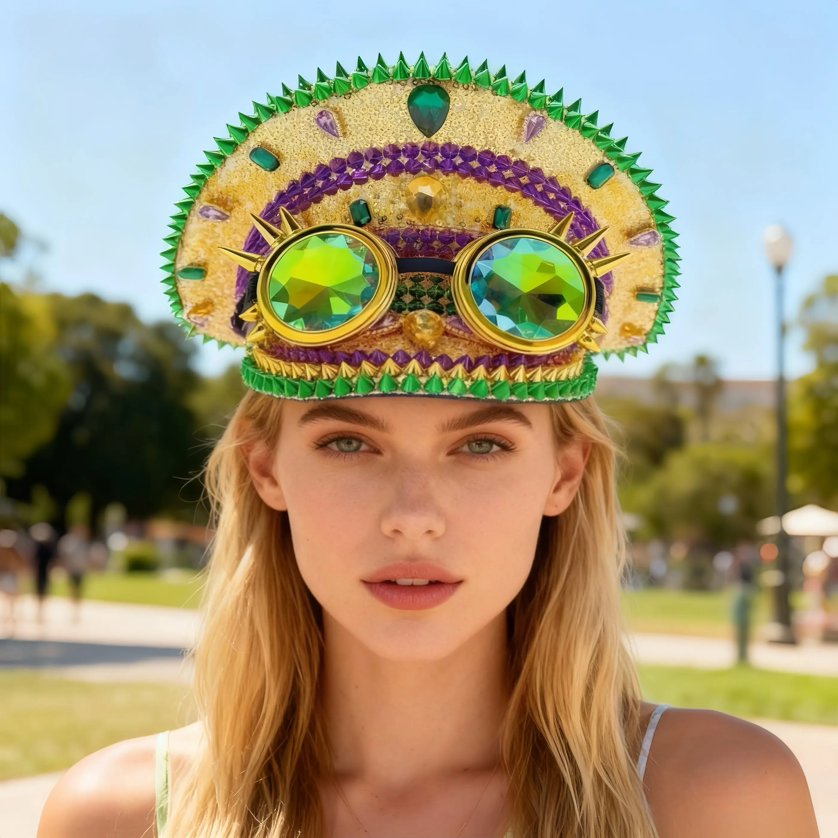 

HongLuan Golden Steampunk Mardi Gras Captain Hat Rhinestone with Goggles for Festival Woman, Military Accessories & Cap for Man