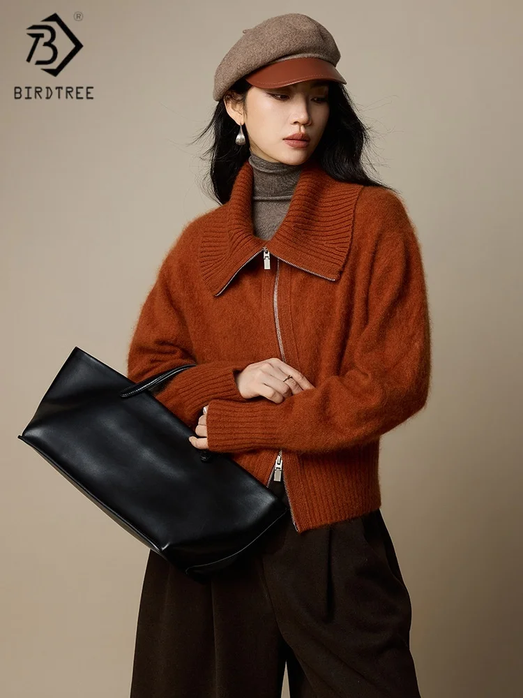 

Birdtree,100% Sheep Wool Plush Knitted Cardigan,Woman Zipper Lapel Full Sleeve Sweaters,2025 Autumn/Winter Tops,Red T5O830JF