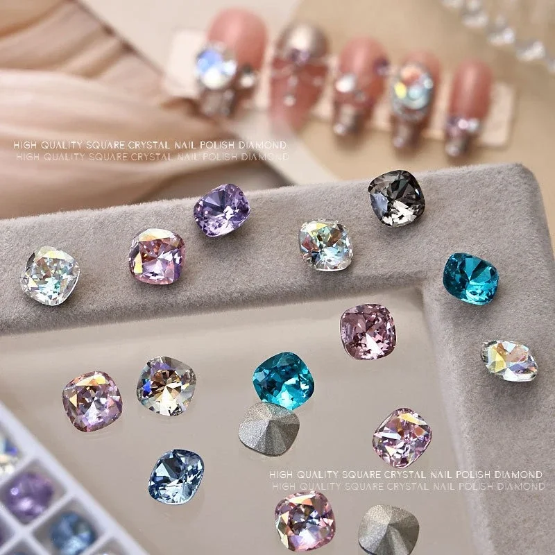 6Pcs High Quality Multi-faceted Fat Square Pointed Back Nail Rhinestones, Sparkly 8MM Large Glass Crystal Nail Cluster Decor