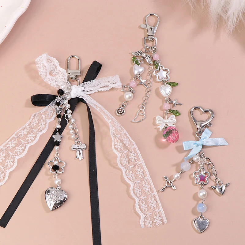 Lace Bowknot Keychain Star Love Bow Strawberry Charm Bag Pendant Keyring Jewelry Bag Decor