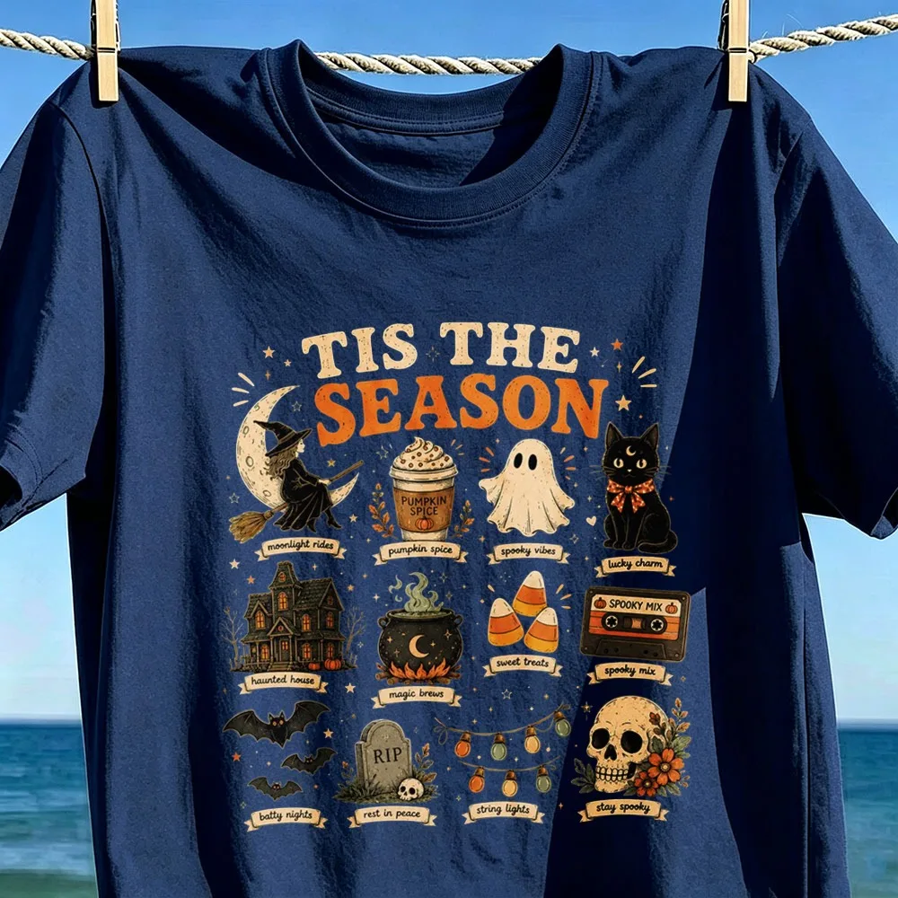 Tis The Season Halloween T-Shirt Spooky Season Tee Cute Halloween Icons Shirt Ghost Cat Witch Pumpkin Graphic Casual Cotton Tops