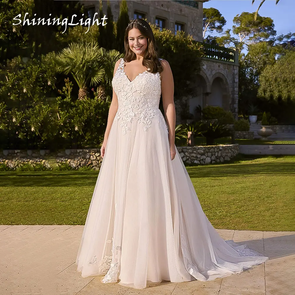 

ShiningLight Boho V-Neck Wedding Dress For Bride Lace Applique Plus Size A-Line Bride Gown Sweep Train Vestido Noiva Customized