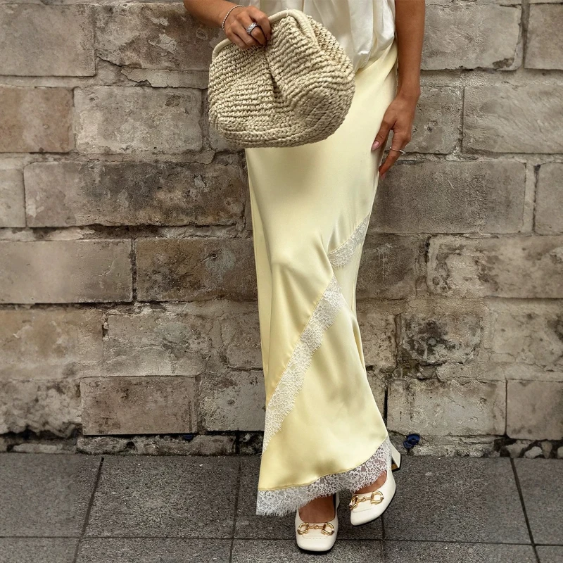 Tsiisd Women Satin Maxi Skirt Lace High Waist Elegant Sexy Beach Vacation Party Evening Flowy Women's Clothing Lace Long Skirts
