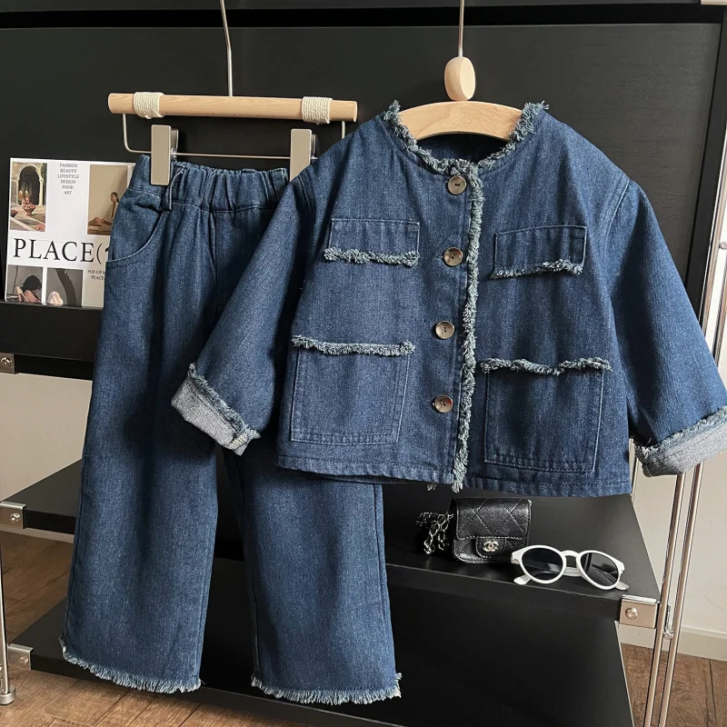 New Autumn Girls' Fringed Denim Outfit Children's Fashionable Soft Denim Set