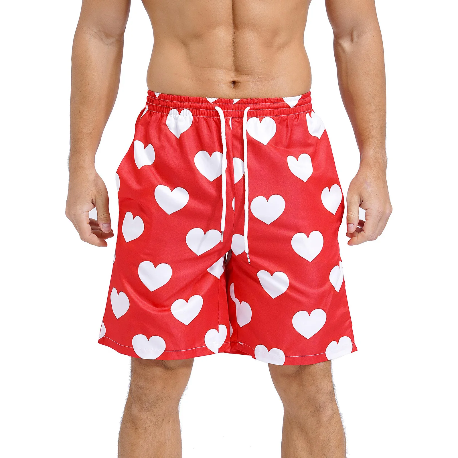 Men Heart Printed Shorts Hawaii Clothes Male Loose Short Pants Drawstring Elastic Waistband Trunks for Vacation Beach Pool Party