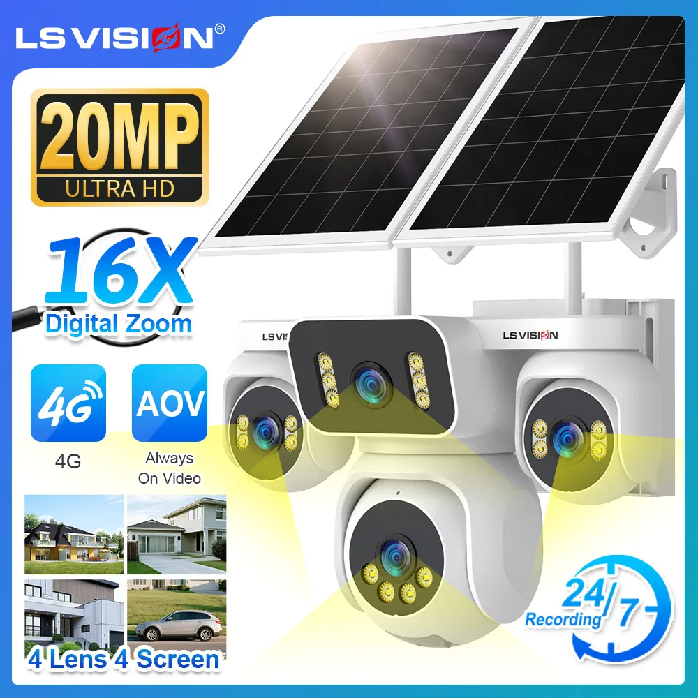 

LS VISION 20MP Four Screens AOV 4G Solar Camera Outdoor 4-Lens 16X Digital Zoom 24/7 Video Recording Auto Tracking CCTV Cameras