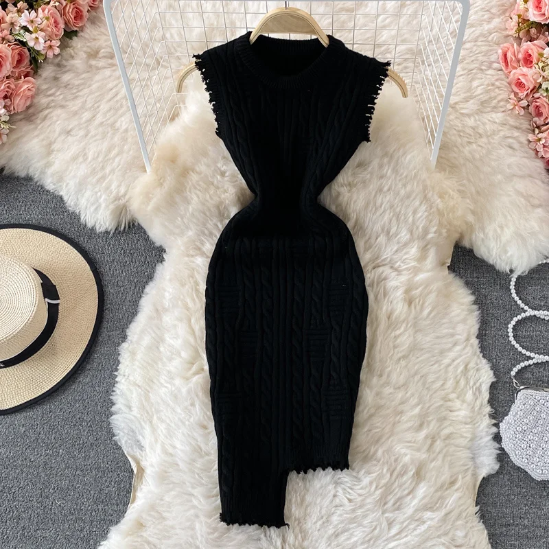 New Design Twist Knitted Bodycon Dress Women Solid O-neck Sleeveless Tassels Irregluar Slim Stretch Bandage Mini Sweater Dress