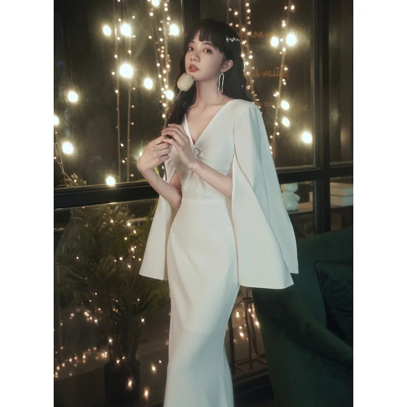 

Dignified White Wedding Dress 2025 New Female Slim Banquet Temperament Long Deep V-neck Fishtail Skirt Sexy Evening Dresses