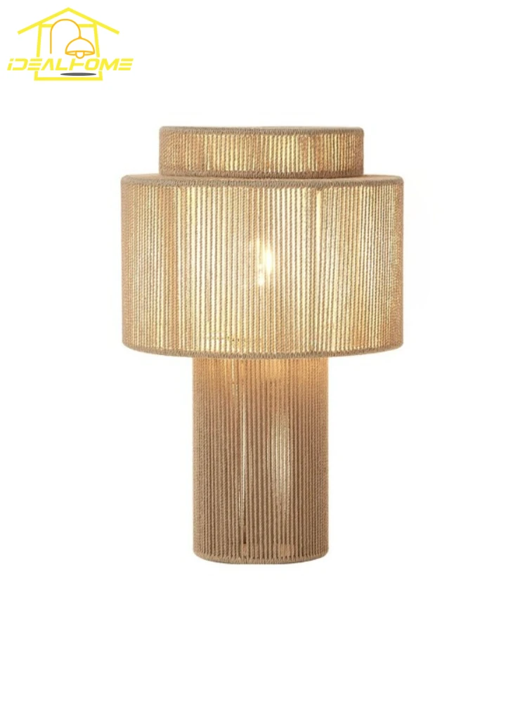 Japanese Wabi-sabi Rattan Weaving Hemp Rope Table Lamp LED Medieval Art Decorative Desk Lights Bedroom Homestay Hotel Bedside