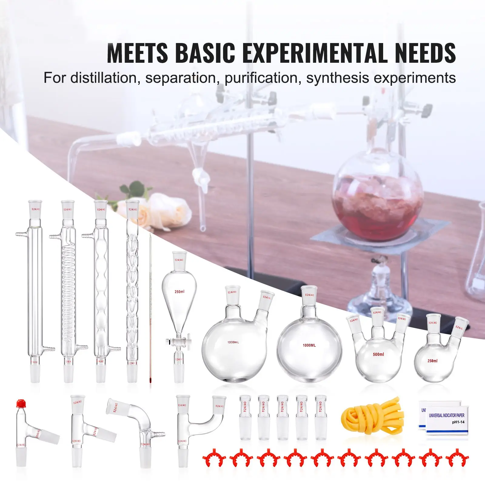 Lab Distillation Kit, 3.3 Boro Lab Glassware Distillation Kit with 24, 40 Joint, 1000Ml Essential Oil Distillation Apparatus - view 2