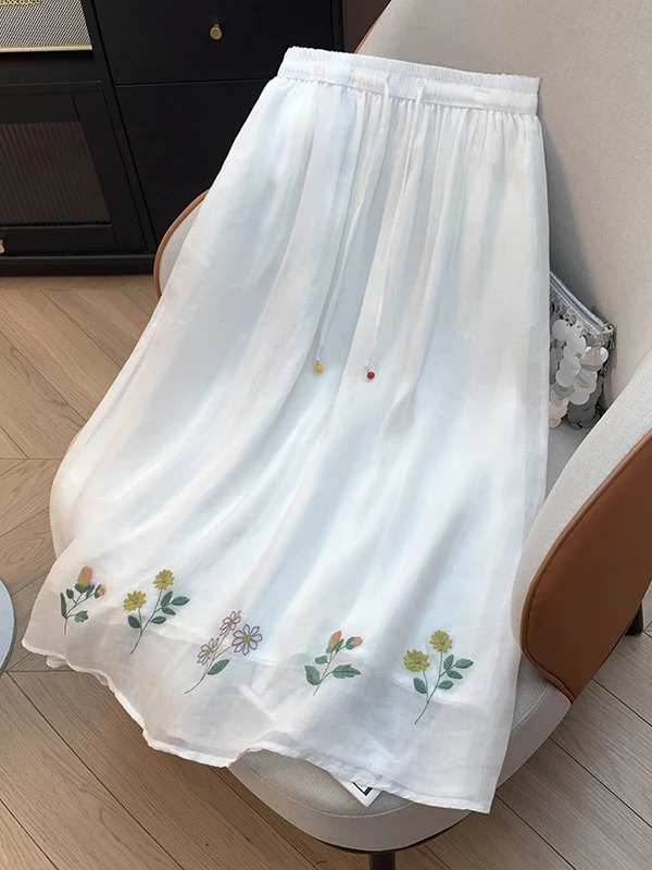 

Artistic Embroidered Double Layered Flax Loose Fit Midi Skirt for plus Size Women Summer New Style Casual High Waist A-Line L...
