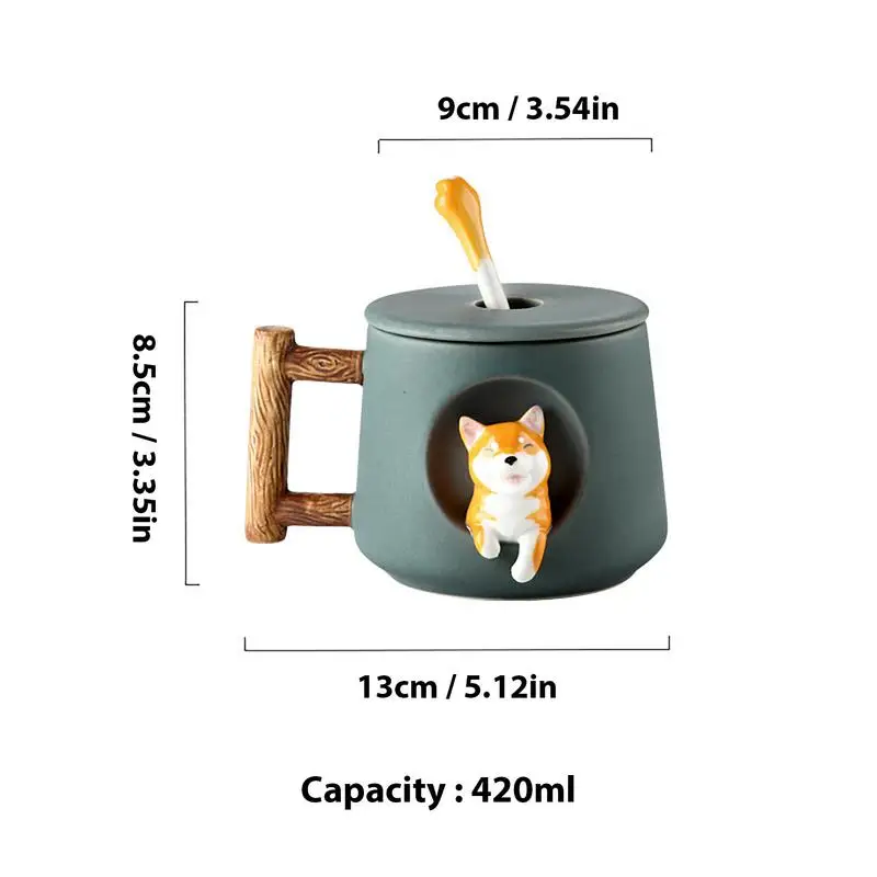 3D Ceramic Cartoon Shiba Dog Hand Painted Coffee Mug Tea Cup with Lid Spoon for Office Families and Friends Couple