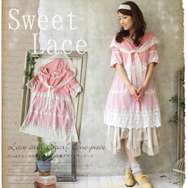 Japanese Women Scarf Collar Floral Embroidery Dress Lolita Bow Short Sleeved Mulity Lace Layer Female Mori Girl Sweet Dress A199