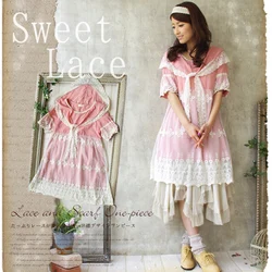 Japanese Women Scarf Collar Floral Embroidery Dress Lolita Bow Short Sleeved Mulity Lace Layer Female Mori Girl Sweet Dress A199