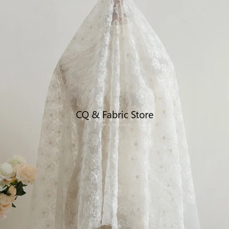 

Biege Elegant Floral Embroidery Organza Fabric For Wedding Dress Skirt Clothig DIY Decoration Fabric By The Yard